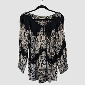 Sky & Sand Boho Paisley Blouse M Cold Shoulder Cutout Sleeve Black White Boho